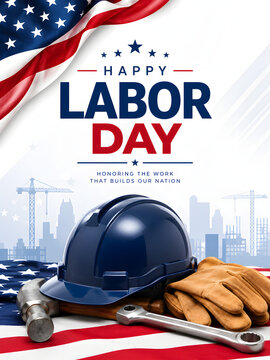 Labor day celebration with hard hat and american flag