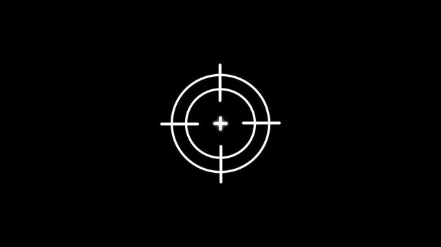 Minimalist white target reticle animation on black background, digital hud crosshair overlay scope