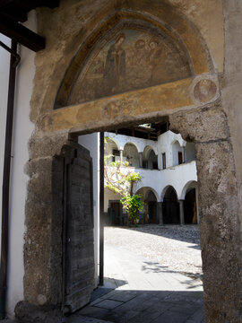 Historic buildings along via San Salvatore in Fino del Monte, Bergamo province, Italy