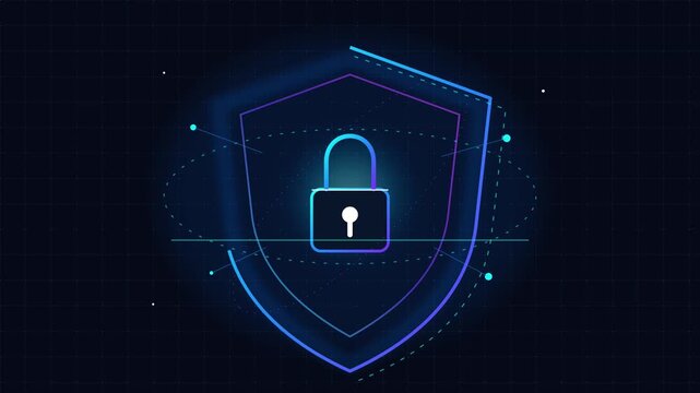 Digital shield graphic displays glowing padlock security animation for protecting sensitive global network data system streams