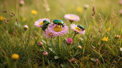 Obraz premium Metallic green beetles perch on pink daisies in a sunlit meadow. Insects gather on blooming flowers amidst rich green grass and other wildflowers during daytime. Macro view shows detail.