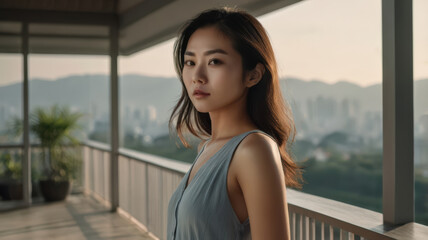 Fototapeta premium Asian woman on balcony with cityscape and mountain view, serene portrait
