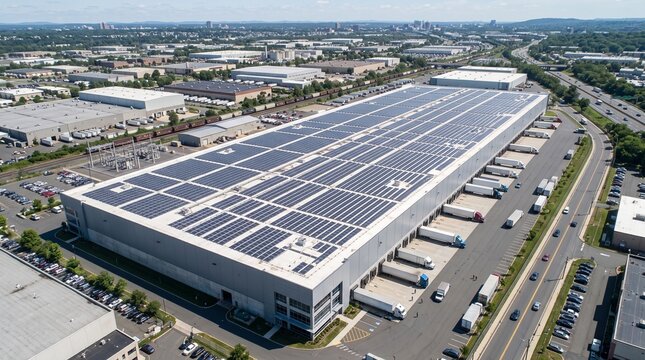 Large industrial warehouse featuring a vast solar panel array on its roof, surrounded by trucks at loading docks in an industrial park.
