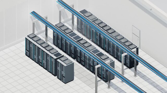 Isometric AI data center rows with cooling units and cable trays