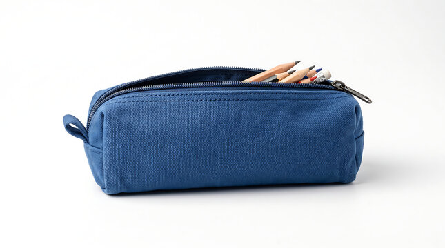 A blue fabric pencil case filled with wooden pencils isolated on a white background.
