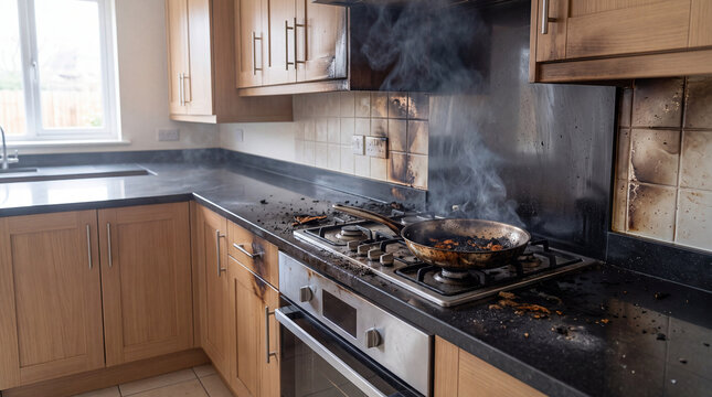 Burnt food in frying pan causing smoke damage on the wooden kitchen counter and wall