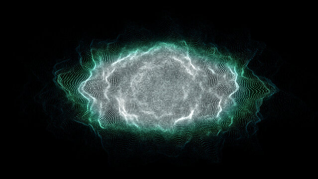 Abstract digital green circle wave on black background. Big data visualization. Analytics representation. Sphere with explosion of bright particles. 3d rendering.