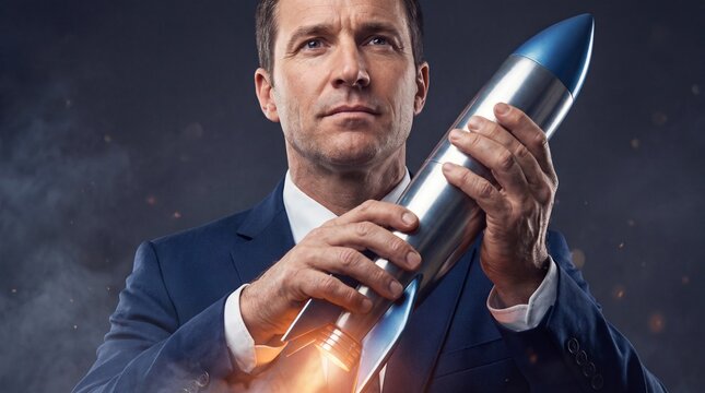 Professional businessman in a suit holding a silver rocket model with bright orange engine fire