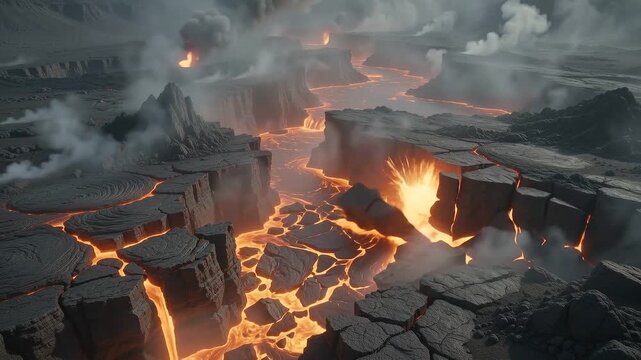 Epic cinematic drone view of glowing lava rivers flowing through a volcanic rock canyon in an apocalyptic landscape.