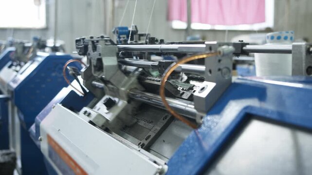Automated knitting machine operates inside modern textile factory with precision engineering. Advanced manufacturing equipment supports continuous industrial production process.