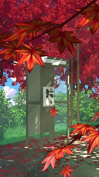 Phone booth and red maple leaves