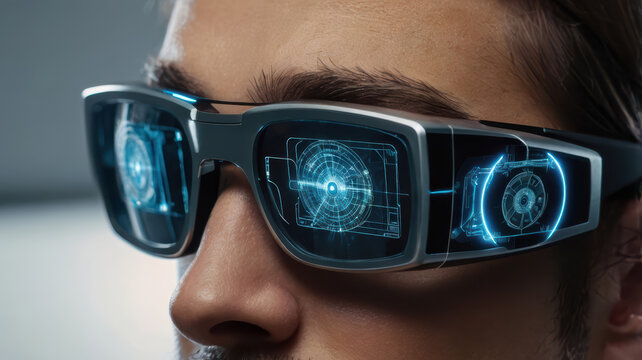 Smart glasses on face with blue digital interface and futuristic display
