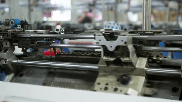 Close up shows automated knitting machine operating with precision inside modern textile factory. Mechanical components move smoothly during continuous manufacturing process.