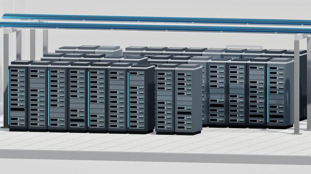 Camera pan across AI data center server racks in a rendered hall