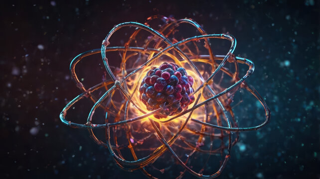 Glowing atomic nucleus with orbital ring in dark science background