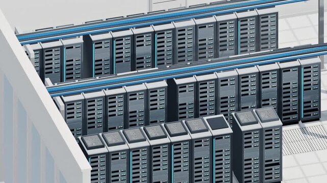 High angle view of AI data center aisles with overhead cable trays