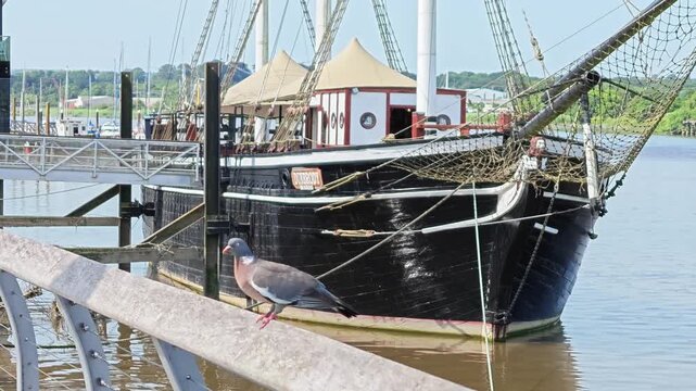 Historic replica Dunbrody Famine Ship at The Quays, New Ross, Wexford, Ireland. Popular tourist destination celebrating Irish maritime history and emigration heritage.