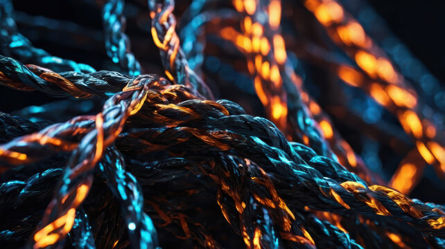 Glowing cable close up, twisted wire texture with blue and orange light