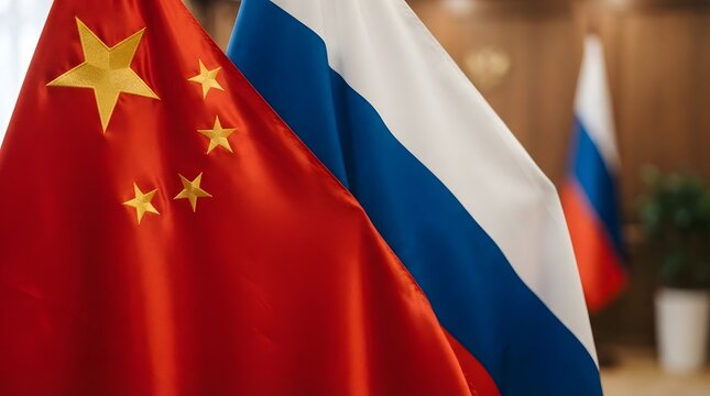 A striking image showcasing the flags of china and russia symbolizing international relations and diplomacy