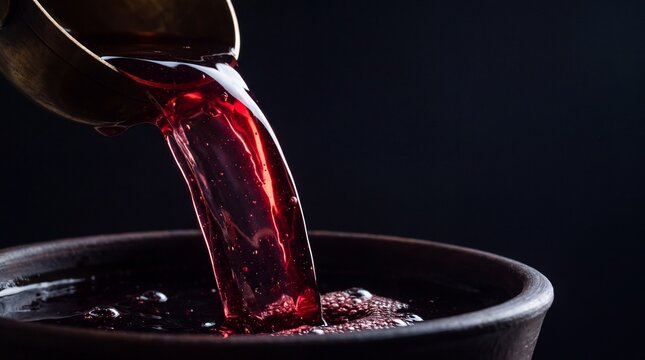 Deep dark red kokum sharbat pouring from brass ladle into dark clay bowl macro shot