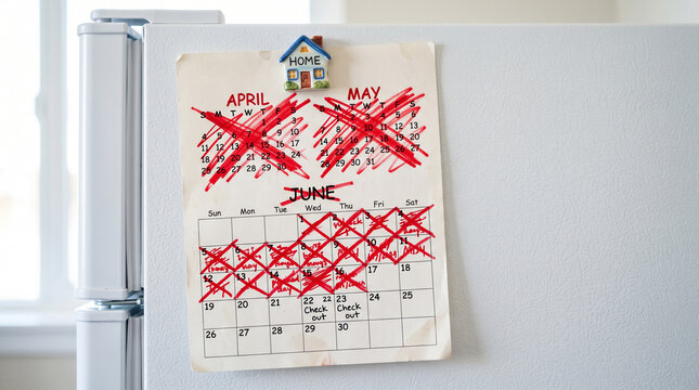 Paper calendar with crossed out days on refrigerator door