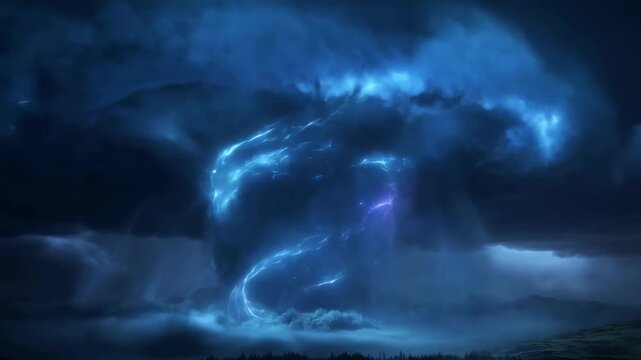 Massive thunderstorm tornado with glowing blue lightning over landscape