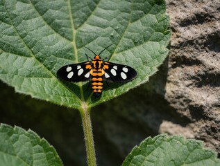 Obraz premium Brightly colored moth with black orange stripes and white spots rests on a large green leaf. Insect displays intricate wing patterns. Tiny creature in natural habitat.