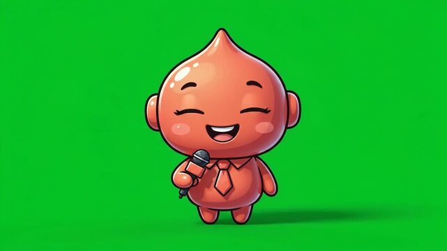 Cute cartoon character singing into a microphone on a green screen background, perfect for animation and overlay projects.