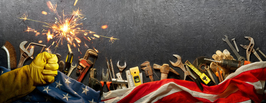 Labor Day - Work Glove Gripping Sparkler With American Flag And Work Wrench Tool Metal Equipment