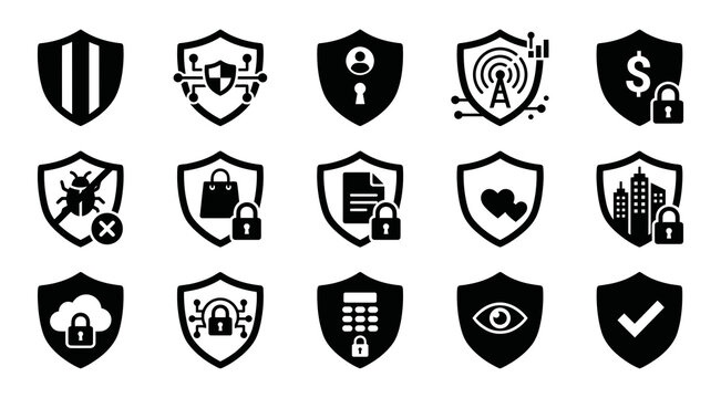 Security icons set black and white shield protection symbols for digital safety
