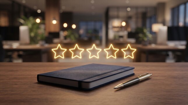 A closed notebook and a pen resting on a wooden desk with five glowing golden stars floating above them