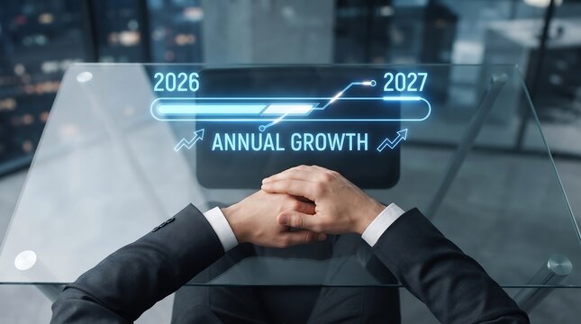 A business professional looking at a digital hologram display showing annual growth statistics for the years twenty twenty one twenty twenty seven