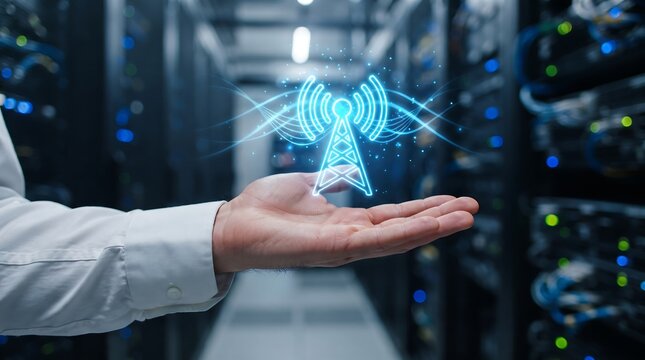 A professional technician holding a glowing digital wifi signal hologram inside a modern high tech server room data center facility