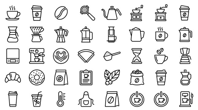Comprehensive collection of minimalist black coffee shop line icons featuring professional brewing equipment including espresso machines, grinders, beans, latte art, pastries, and tools.