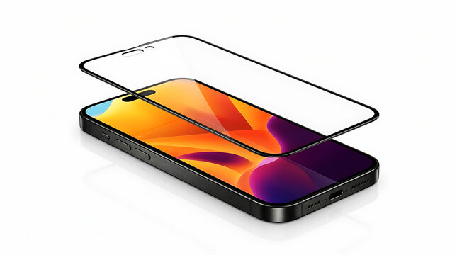 Tempered glass screen protector being applied to a modern smartphone on white background
