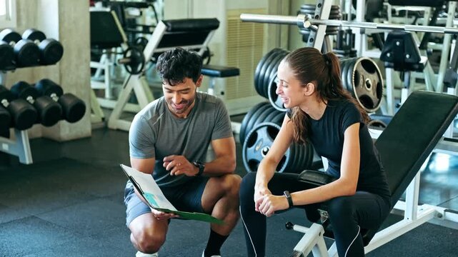 A personal trainer discusses a workout plan with a woman at the gym, surrounded by weights and benches, smiling and engaged between sets.
