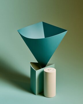 Abstract paper composition with teal funnel shape and beige cylinder on green gradient