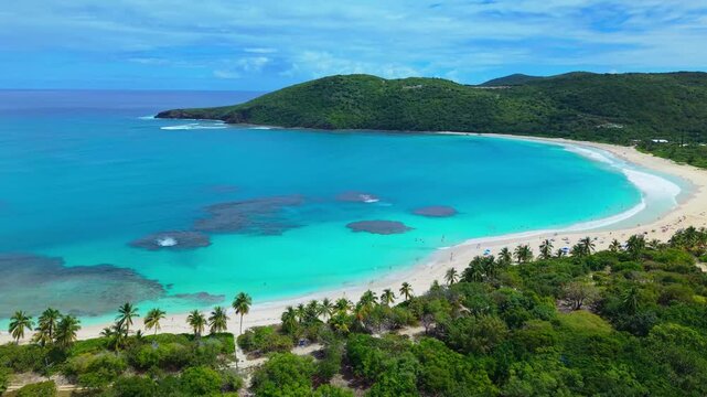 Panoramic Aerial Orbit of Tropical Culebra Island Beach in Puerto Rico