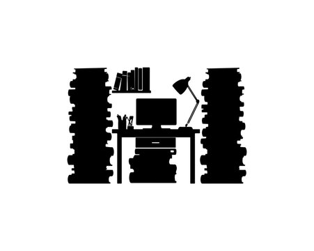 Minimalist black silhouette of corner workspace with bookshelf, desktop computer, and desk lamp between two columns
