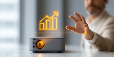 Obraz premium Medium shot of a stylish young sales strategist gesturing toward a glowing bar-chart-with-upward-arrow icon projected from a sleek conference-room projector onto the space above a bright marble table.