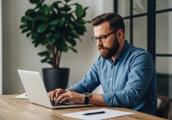 Fototapeta premium Professional man with a beard working on a laptop at his office desk