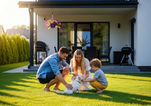 Happy family with a dog playing in the backyard of their modern house
