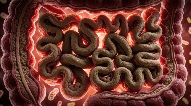 Internal view of human intestines showing folded walls, internal structures. Medical illustration depicts digestive system detail with visible tissue, lumen. Microbiome bacteria present in background.