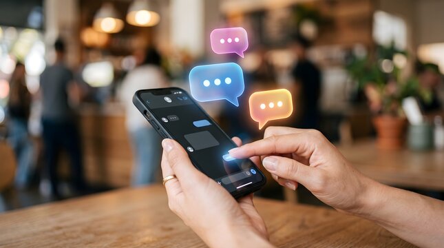 Person using messaging app with floating chat bubble icons.
