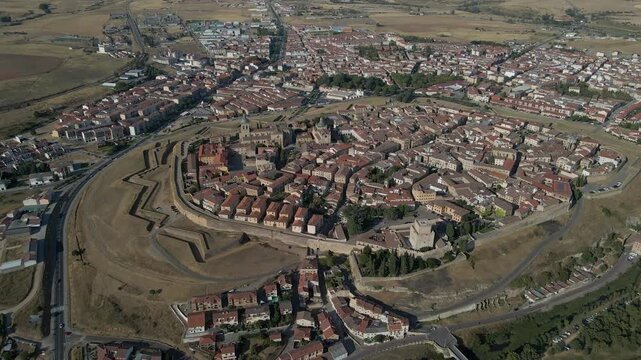Elevated drone view of Ciudad Rodrigo featuring historic landmarks and surrounding environment. 4K drone footage of Ciudad Rodrigo highlighting architecture, history, and travel.