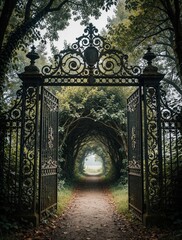 Obraz premium Ornate iron gate opens to a tree tunnel path. A journey begins through the green archway toward a distant field. The old entrance beckons with mystery and opportunity.