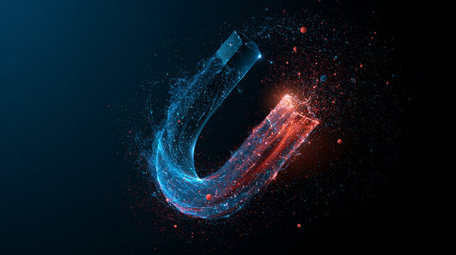 U-shaped magnet attracting particles with blue and red energy field glowing in dark space magnetic attraction particles abstract technology research experiment
