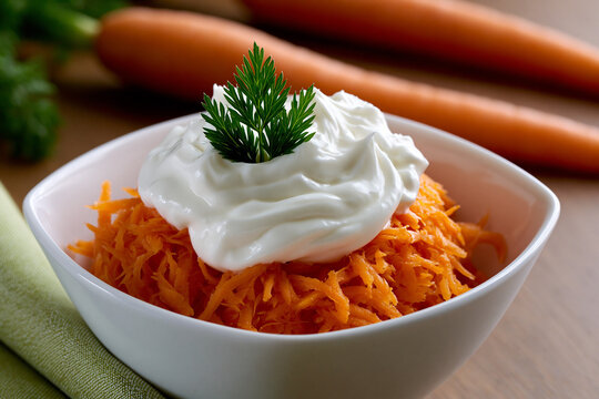 Grated carrots with cream on top in a bowl