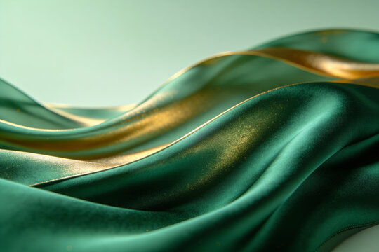 Elegant flowing emerald green silk fabric transforming into abstract fluid waves with soft golden reflections.