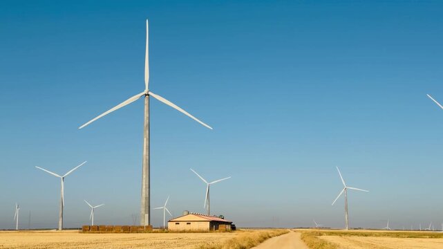 Horizontal view of a Wind turbines spinning in a golden field next to a country road, producing renewable electricity